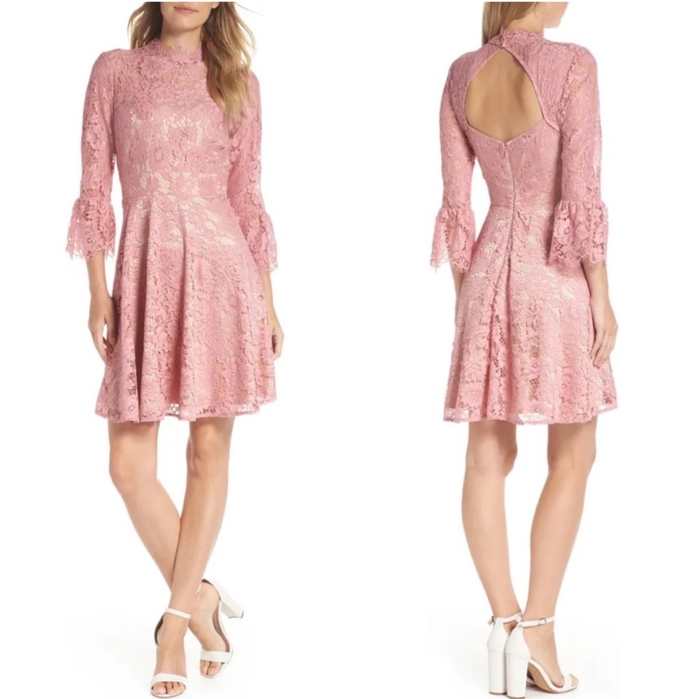 New Eliza J Pink Bell Sleeve Lace Overlay with Tan Lining Fit & Flare Dress Sz 6